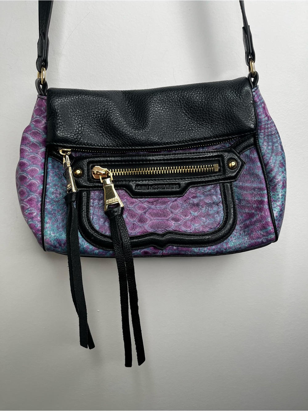 Vtg Aimee Kestenberg Leather Shoulder Crossbody Bag Lavender Snakeskin Tassels
